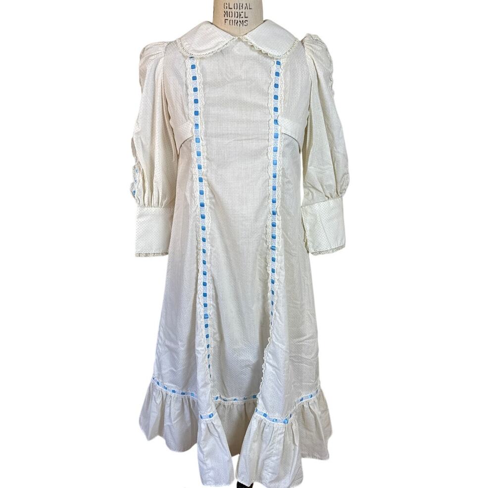 Vintage 70s Prairie Dress in White Dot and Blue Ribbon Trim Size Small